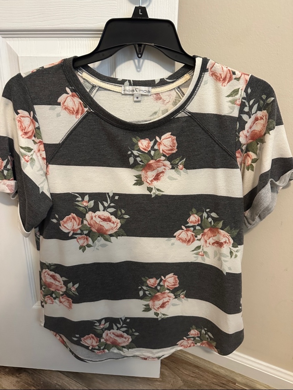 Moa Moa Charcoal, Cream & Blush Rose Floral Stripe Tee